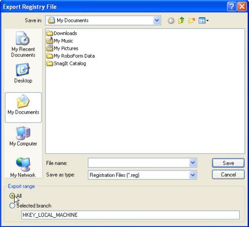 export registryfile dialog box