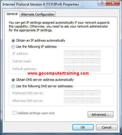 Windows 7 Internet protocol v4 properties dialog box