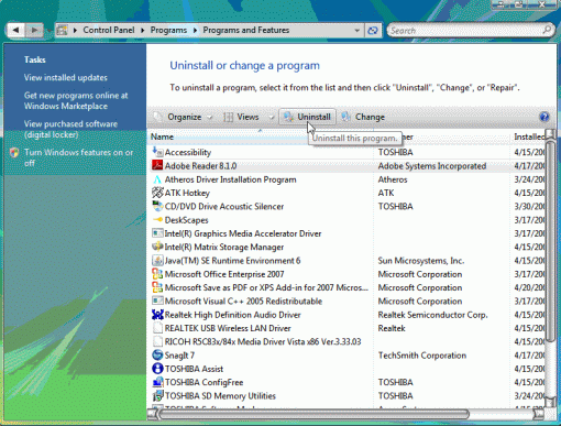 Uninstall or change program dialog box