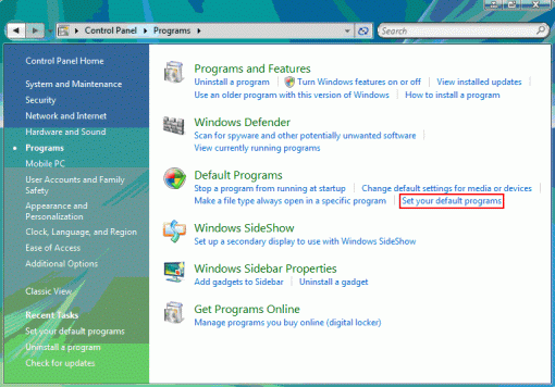 Windows Vista control panel