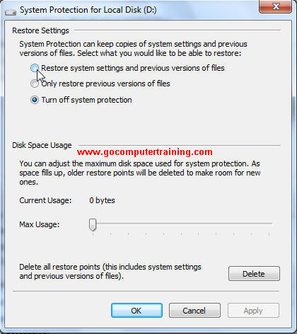 Windows 7 system protection dialog box
