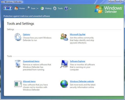 windows vista defender tool and settings