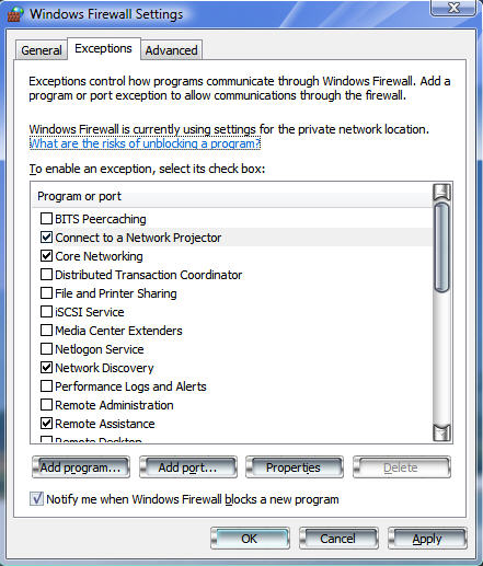 windows vista firewall settings exceptions tab