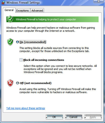 windows vista firewall settings