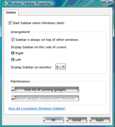 Windows Vista sidebar properties