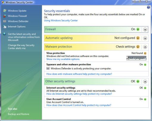windows vista security center