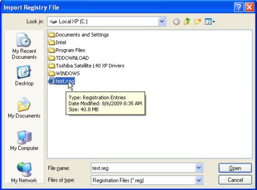 export registryfile dialog box