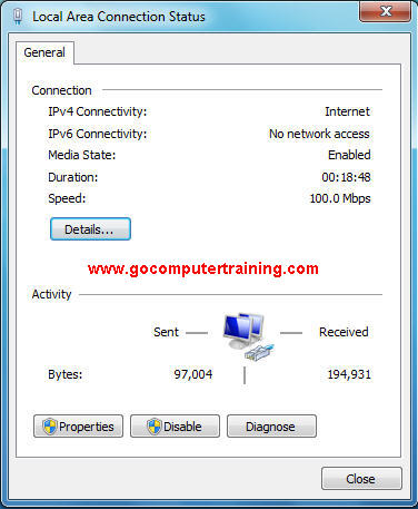 Windows 7 local area connection status dialog box