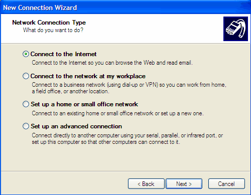 Network connection type dialog box