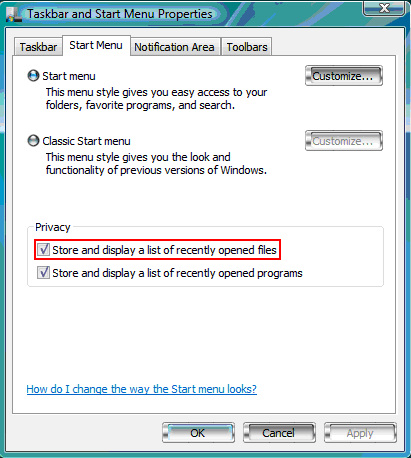 Vista taskbar and start menu properties