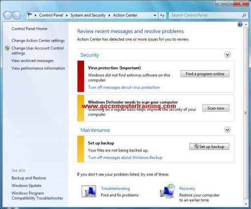 Windows 7 action center dialog box