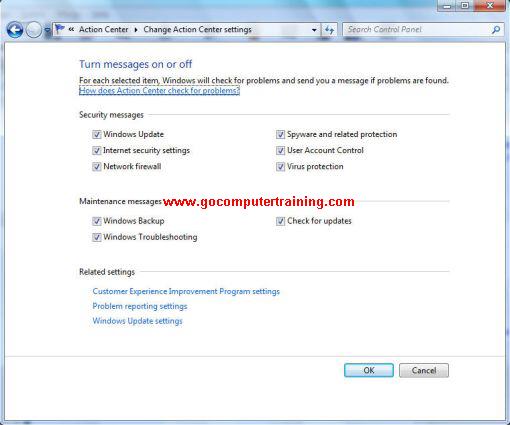 Windows 7 change action center dialog box