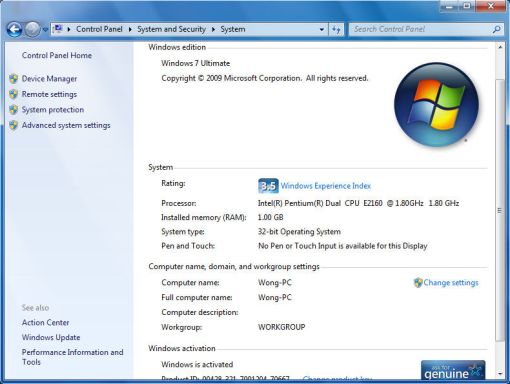 Windows 7 system properties