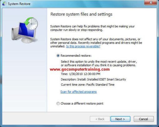 Windows 7 system restore dialog box