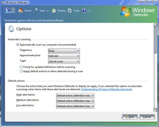 windows vista defender options