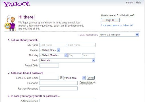 Yahoo sign up form