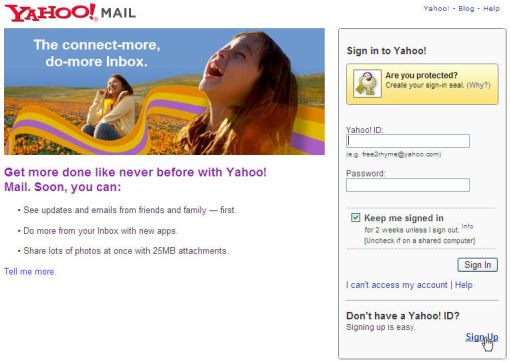 Yahoo mail sign up page
